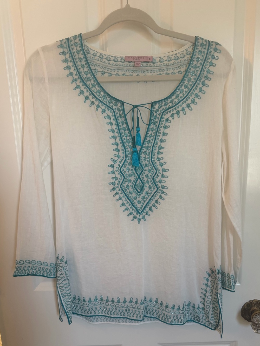NWOT Calypso St. Barth White Swim Cover Up with Embroidery and Tassel Tie